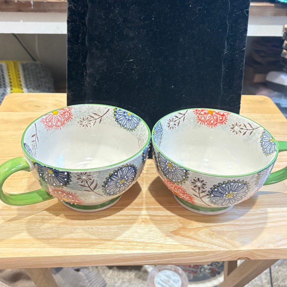 Pier 1 Imports Floral Medallion Stoneware Mugs Set of 2 Hand Painted Green Blue